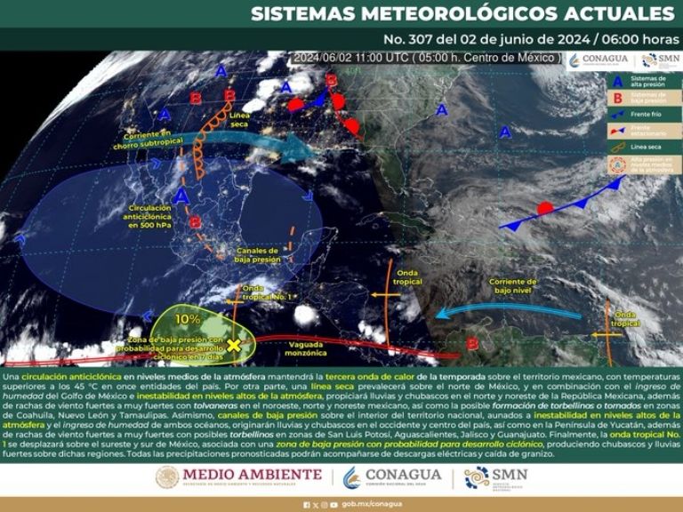 Clima en México para hoy, domingo 2 de junio. Foto: Conagua