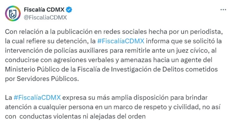 La Fiscalía informó que solicitó apoyo de policías auxiliares para remitir ante el juez cívico