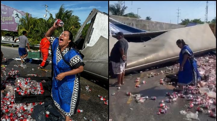 VIDEO: Mujer se vuelve viral tras vaciarse una lata de cerveza en pleno accidente de camión