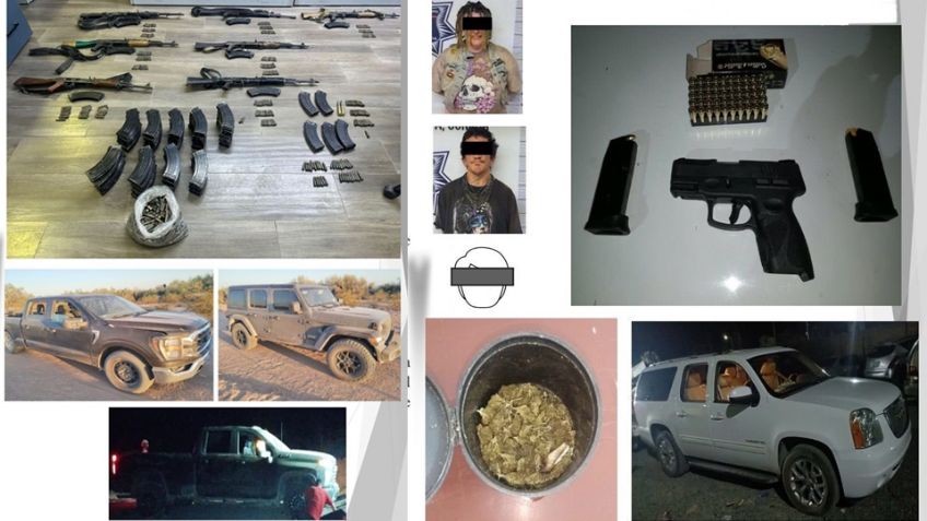 Detienen a tres hombres y una mujer al norte de Sonora; aseguran autos, armas y droga