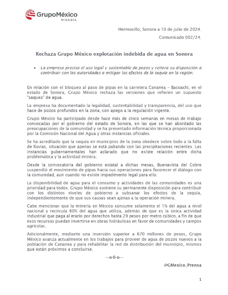 Grupo México niega saqueo de agua en el Río Sonora