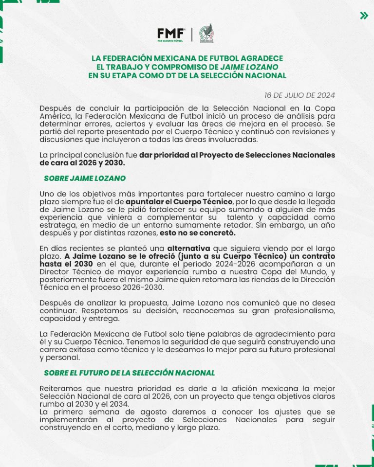 La FMF hace oficial la salida de Jaime Lozano
