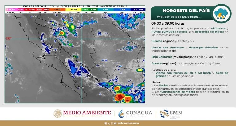 Clima en Sonora para hoy, jueves 18 de julio de 2024. Foto: Conagua