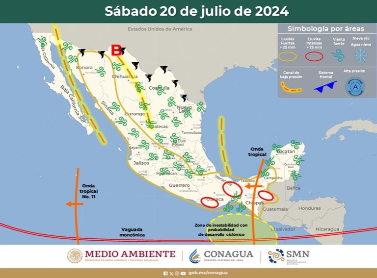 Clima en Sonora para el sábado 20 de julio de 2024. Foto: Conagua