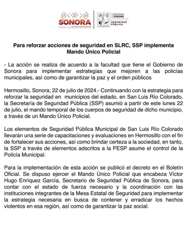 SSC implementa Mando Único Policial en SLRC