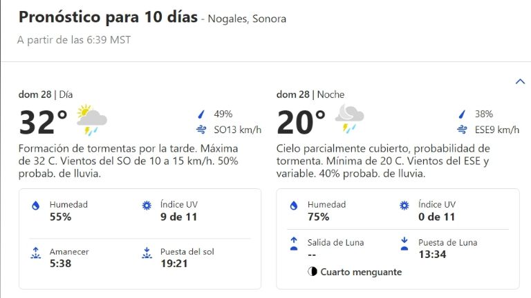 Clima en Nogales para HOY domingo 28 de julio. Foto: Conagua