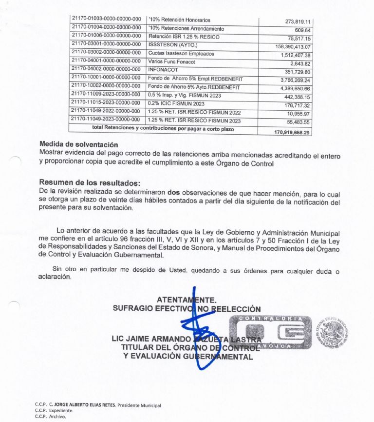 Contraloría Municipal observó un adeudo de 179 millones de pesos en el concepto de retenciones y contribuciones