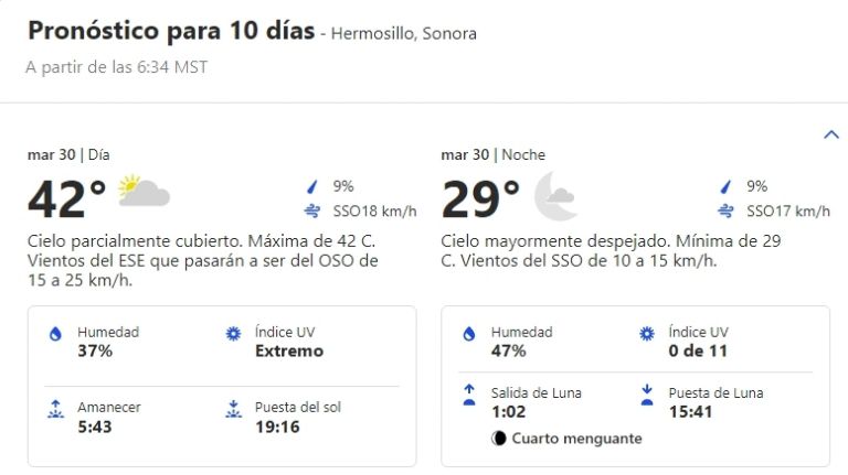 Clima en Hermosillo, Sonora, HOY martes 30 de julio. Foto: Conagua