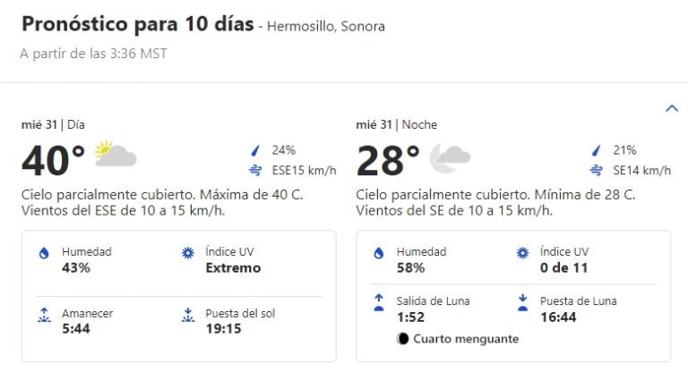 Clima en Hermosillo, Sonora, para HOY miércoles 31 de julio. Foto: SMN