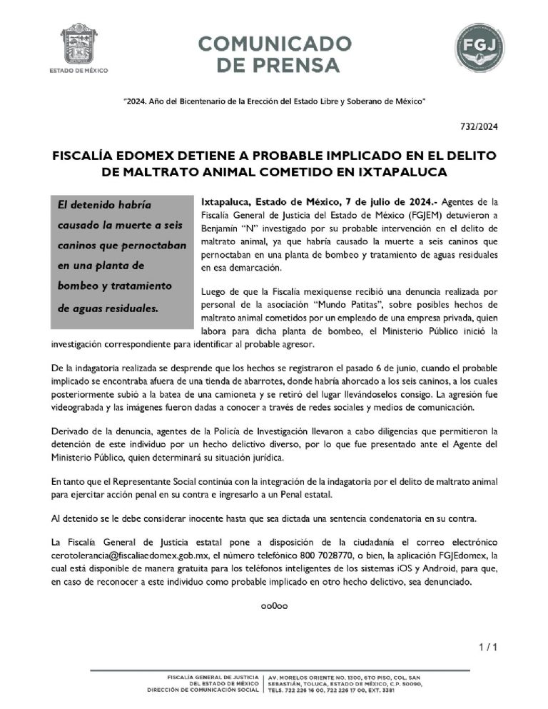 La FIGJEM investiga a Benjamín 'N' por asesinar a perritos que pernoctaban en la planta