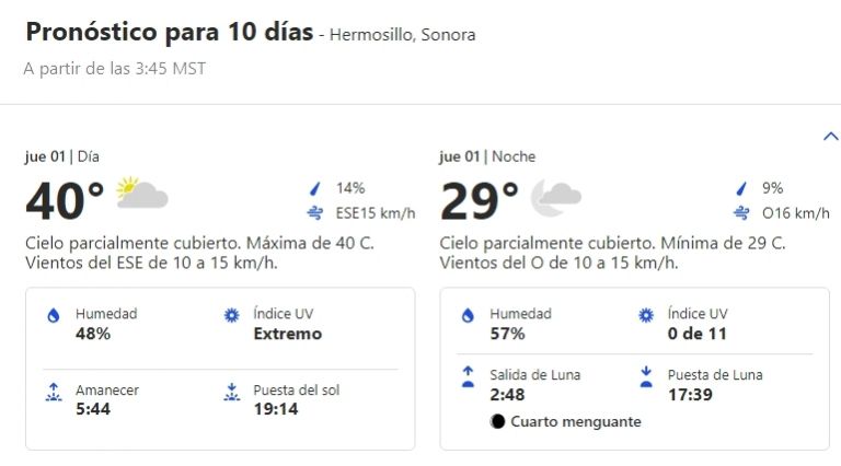 Clima en Hermosillo, Sonora, HOY jueves 01 de agosto. Foto: SMN