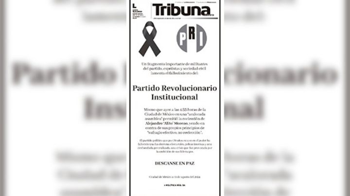 La portada de esquela de TRIBUNA Sonora: El PRI ha muerto tras reelección de ‘Alito’ Moreno