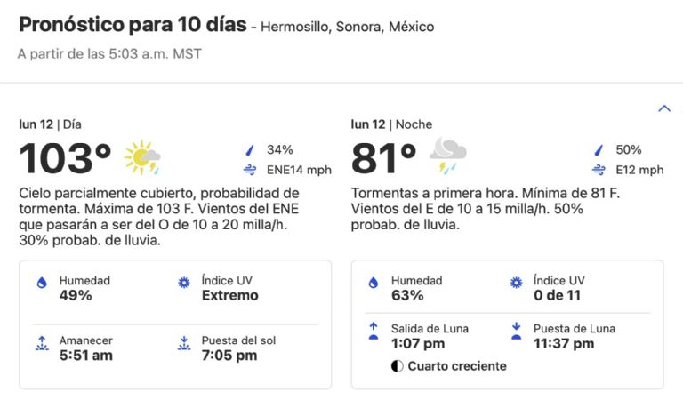 Advierten lluvias en Hermosillo HOY lunes 12 de agosto. Foto: SMN