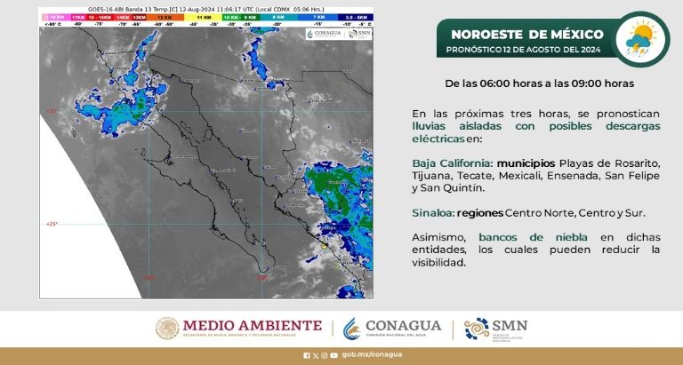 El SMN y la Conagua advierten fuertes lluvias en Sonora HOY lunes 12 de agosto. Foto: Conagua