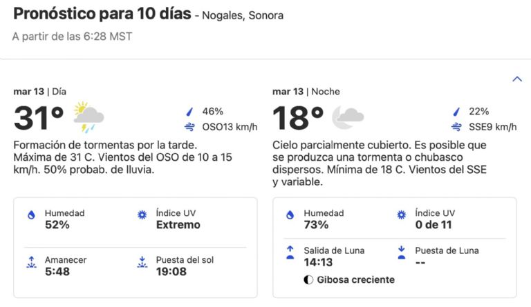 Advierten lluvias en Nogales HOY martes 13 de agosto. Foto: SMN