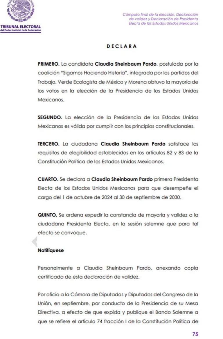 TEPJF reconoce a Claudia Sheinbaum como la presidenta electa