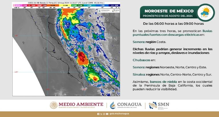 Clima en Sonora HOY domingo 18 de agosto. Foto: Conagua