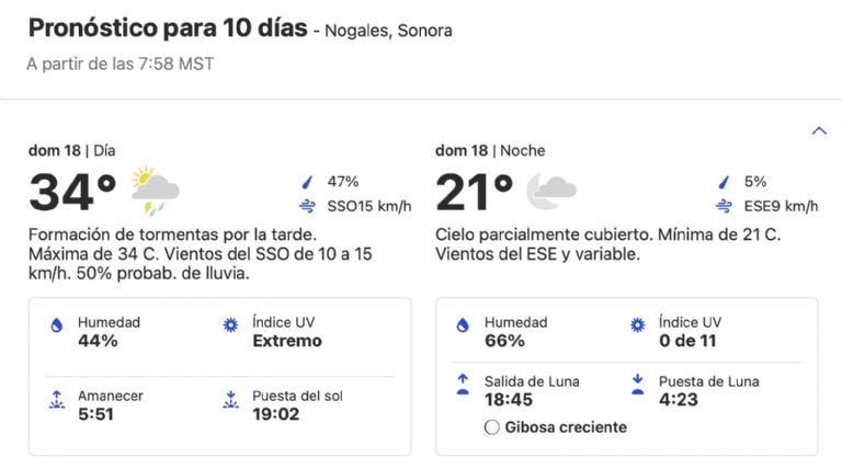Pronostican lluvias en Nogales, Sonora, HOY domingo 18 de agosto. Foto: SMN