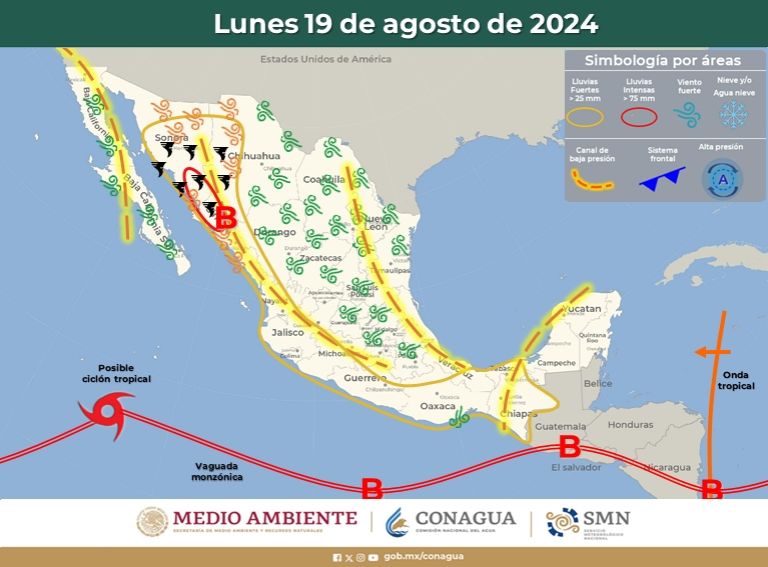 Clima en Sonora para el lunes 19 de agosto. Foto: Conagua