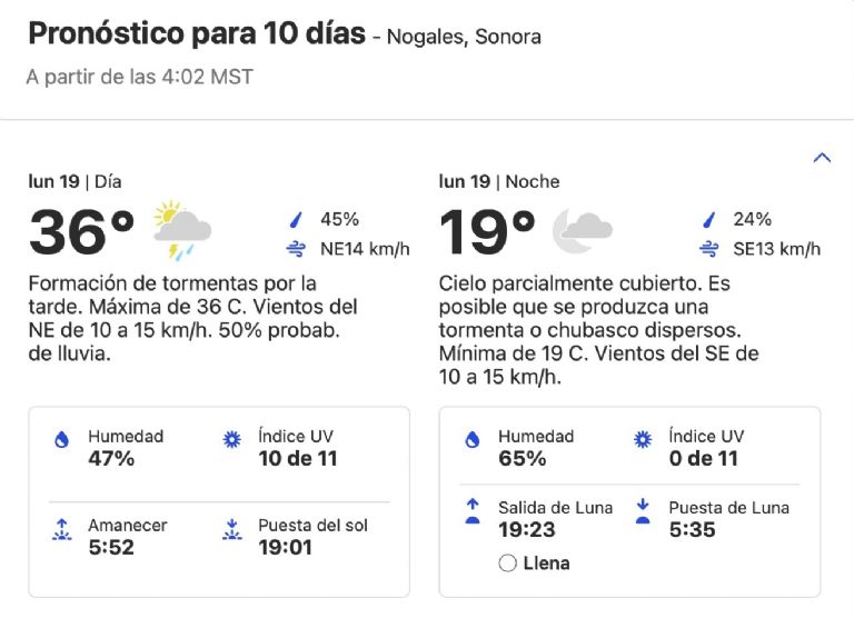 Clima en Nogales HOY lunes 19 de agosto 2024. Foto: SMN