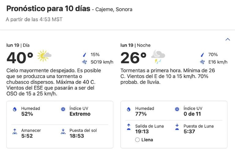 Clima en Ciudad Obregón, Sonora, HOY lunes 19 de agosto. Foto: SMN
