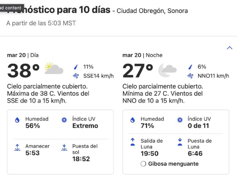 Clima en Ciudad Obregón, Sonora, de HOY martes 20 de agosto. Foto: SMN