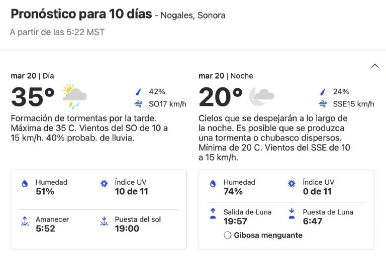 Clima en Nogales HOY martes 20 de agosto. Foto: SMN