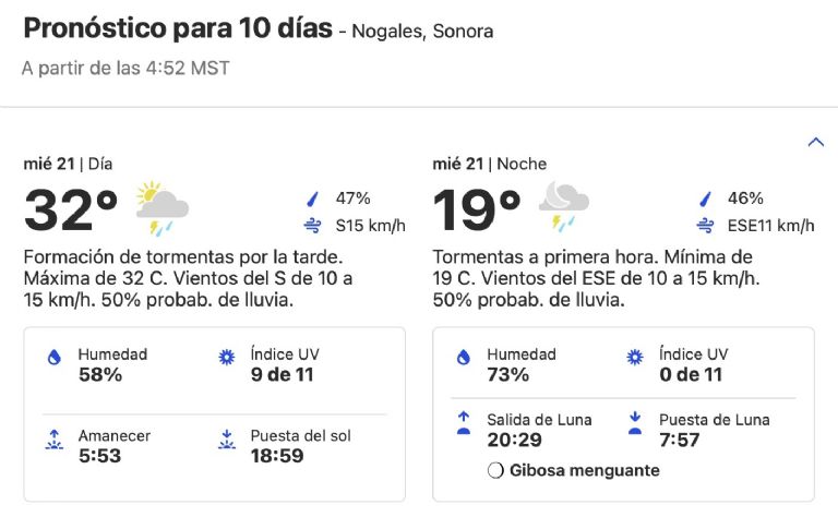 Clima en Nogales, Sonora, HOY miércoles 21 de agosto. Foto: Conagua