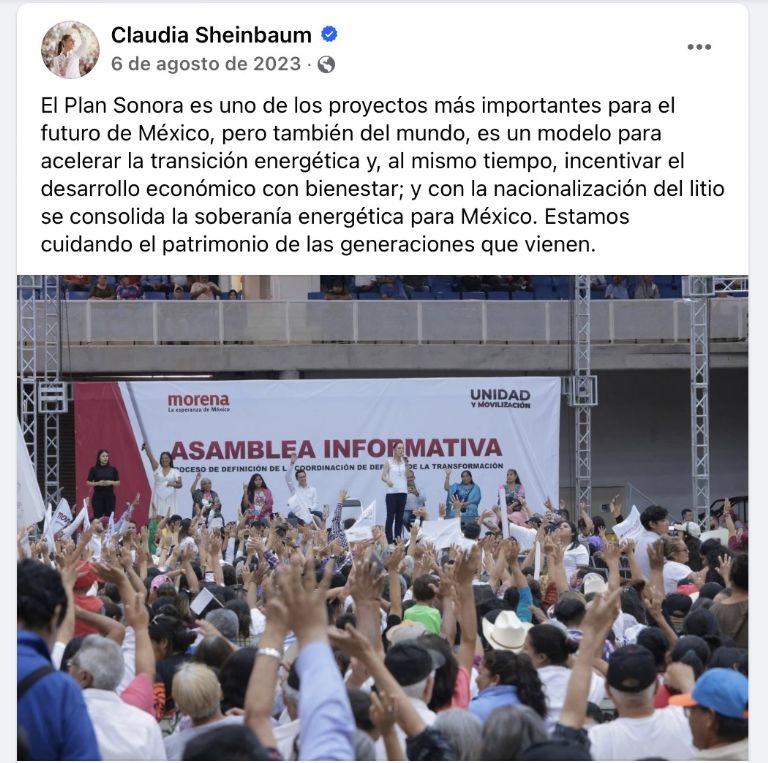 Sheinbaum ha respaldado el Plan Sonora. Foto: Facebook