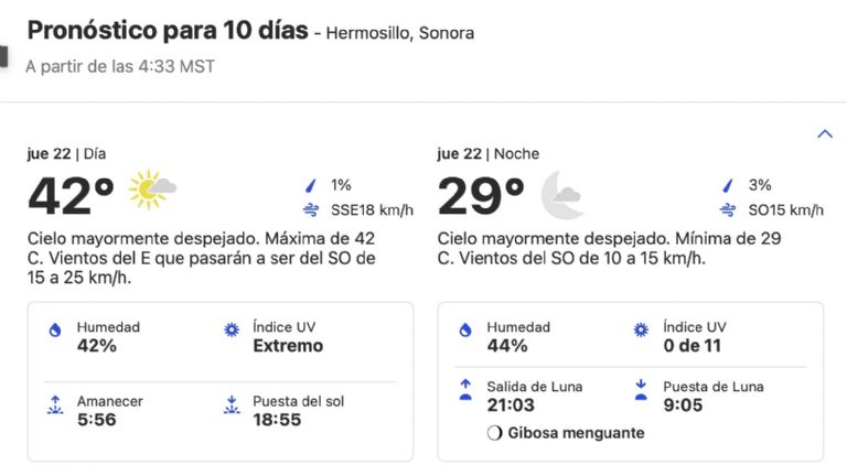 Clima en Hermosillo, Sonora, de hoy jueves 22 de agosto. Foto: Conagua