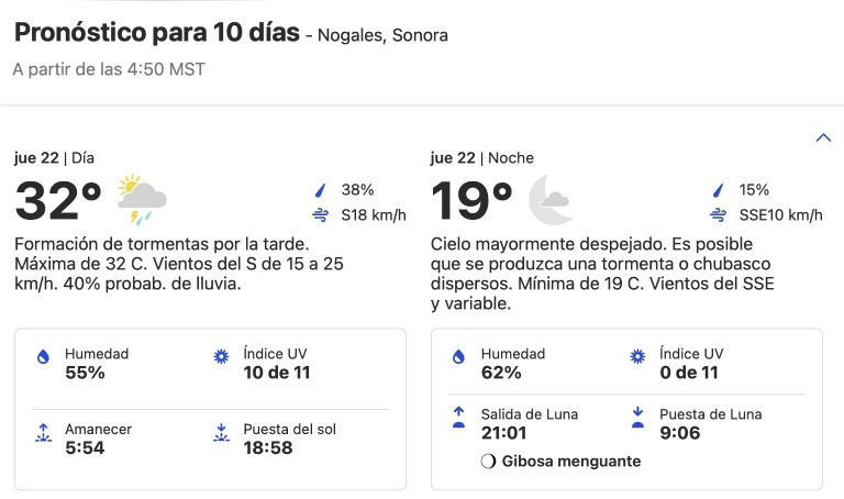 Clima en Nogales, Sonora, para hoy jueves 22 de agosto. Foto: Conagua