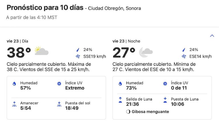Cima en Ciudad Obregón HOY viernes 23 de agosto. Foto: Conagua