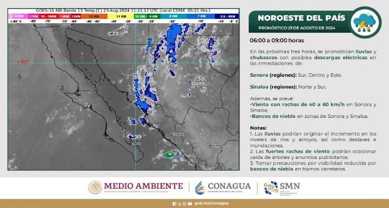 Clima en Sonora para HOY viernes 23 de agosto 2024. Foto: Conagua