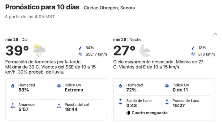 Clima en Ciudad Obregón HOY miércoles 28 de agosto. Foto: Conagua