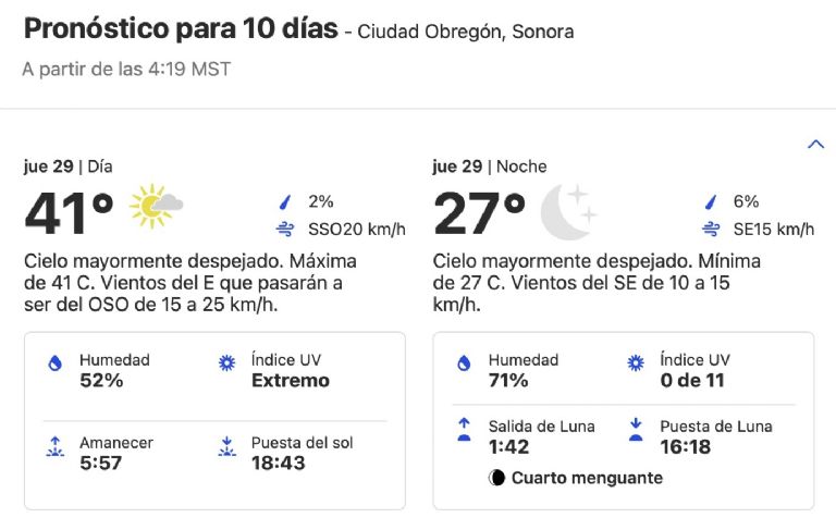 Clima en Ciudad Obregón HOY jueves 29 de agosto 2024. Foto: Conagua