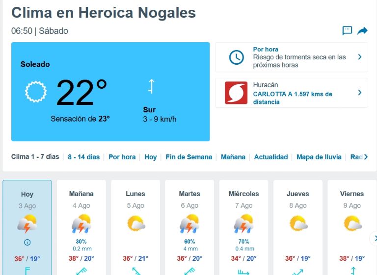 Clima de hoy, 3 de agosto en Nogales