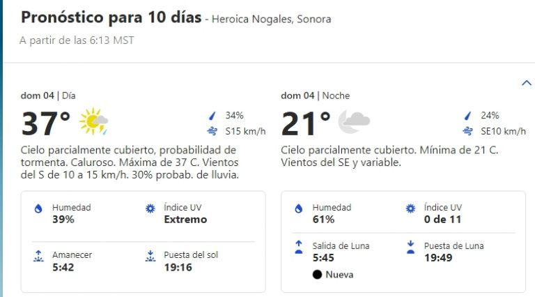 Clima en Nogales, Sonora, HOY domingo 4 de agosto 2024. Foto: SMN
