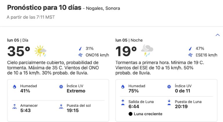 Clima en Nogales, Sonora, HOY lunes 05 de agosto. Foto: SMN