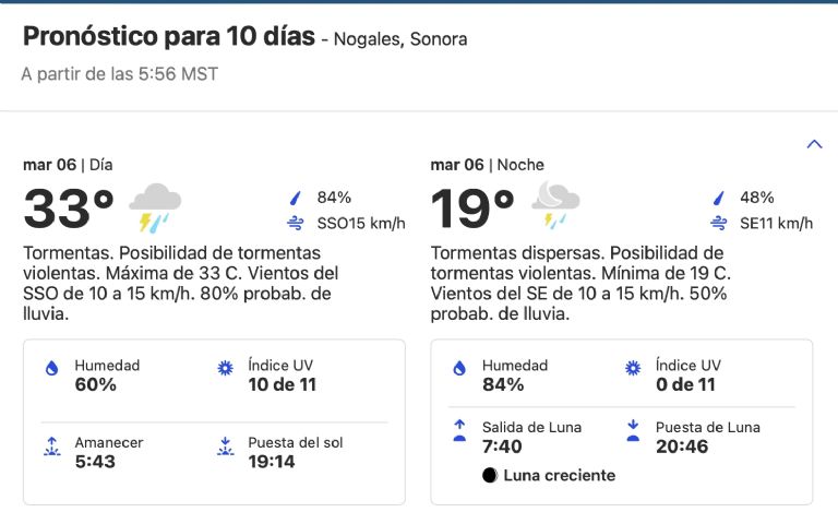Clima en Nogales, Sonora, para HOY martes 6 de agosto. Foto: Conagua