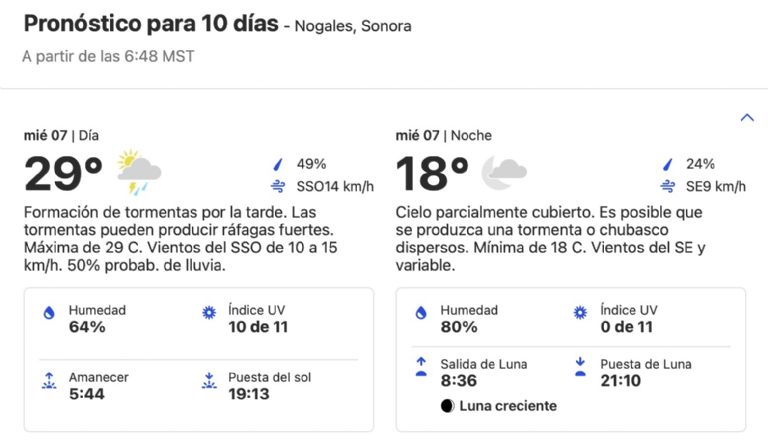 Clima en Nogales, Sonora, HOY miércoles 7 de agosto 2024. Foto: SMN