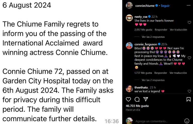 Muere la actriz Connie Chiume 