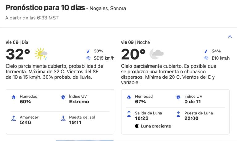 Clima en Nogales, Sonora, HOY viernes 09 de agosto. Foto: SMN