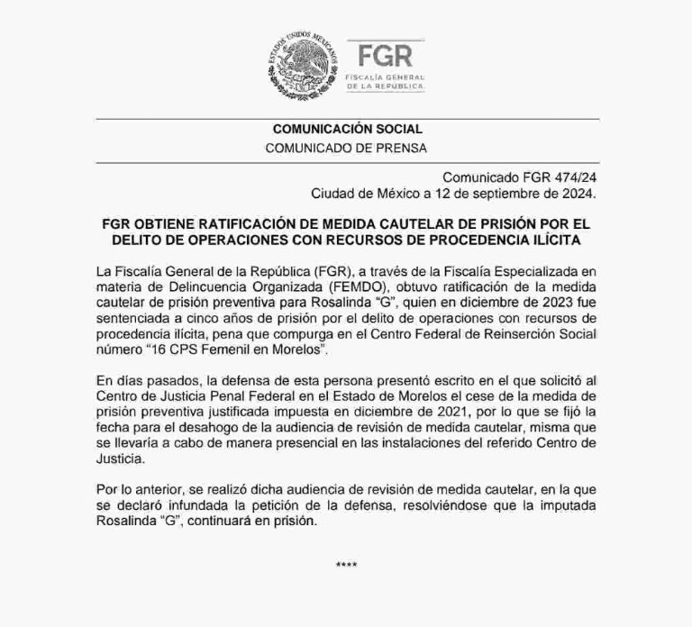 Comunicado en el que se ratifica la medida de prisión preventiva