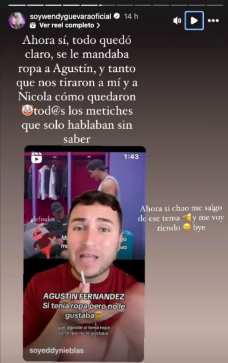 Wendy agradeció que quedara claro que siempre le envió ropa a Agustín