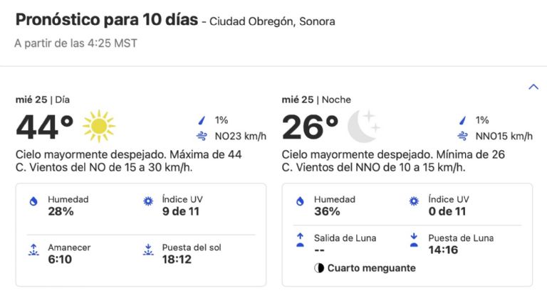 Clima en Ciudad Obregón, Sonora, HOY miércoles 25 de septiembre. Foto: Conagua