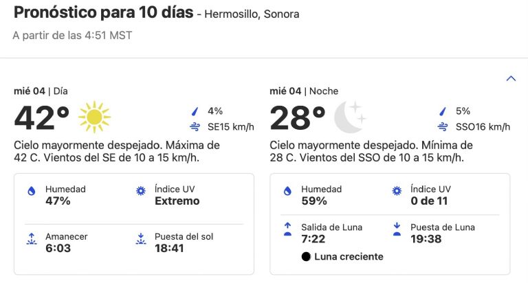 Clima en Hermosillo, Sonora, para HOY miércoles 4 de septiembre. Foto: Conagua