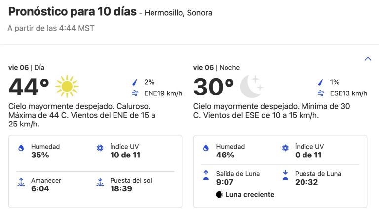 Clima en Hermosillo, Sonora, hoy viernes 6 de septiembre. Foto: Conagua