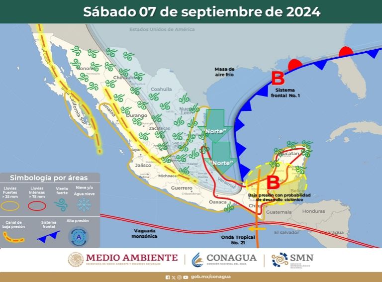 Clima para el sábado 7 de septiembre, según Conagua. Foto: Conagua