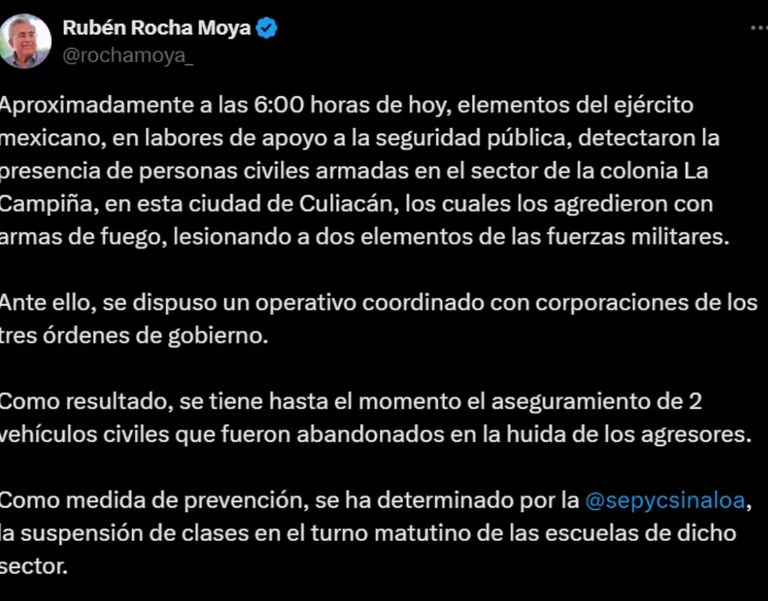 Rocha Moya compartió un comunicado en el que informó a la comunidad sobre los enfrentamientos 