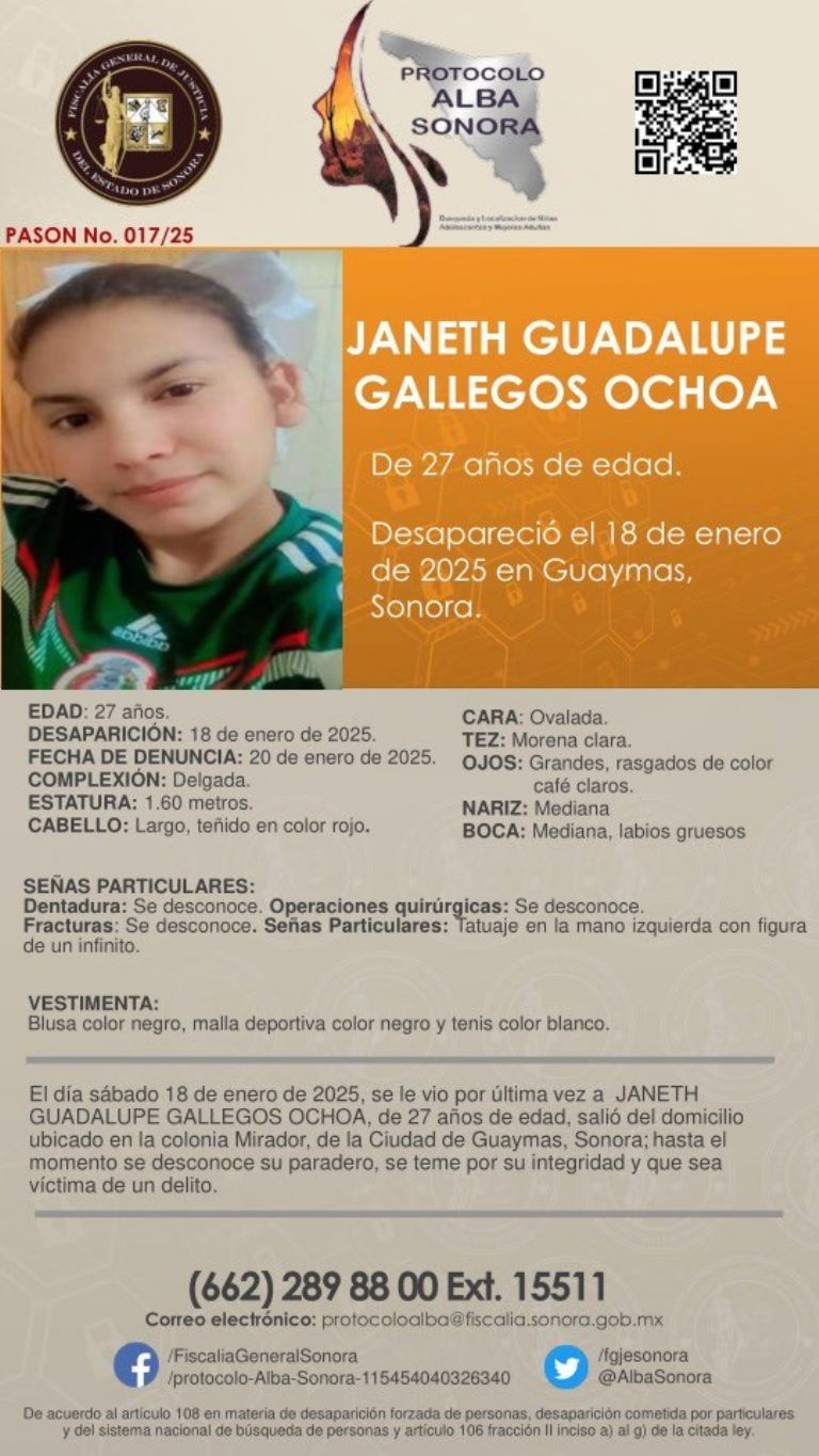 Activan Protocolo Alba por joven desaparecida en Guaymas. Foto: Facebook